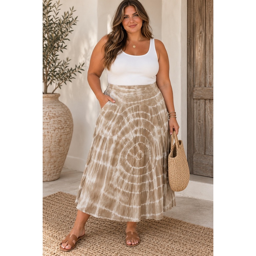Chico's Terri Maxi Skirt Brown Tie Dye Cotton Elastic Waist Size 1